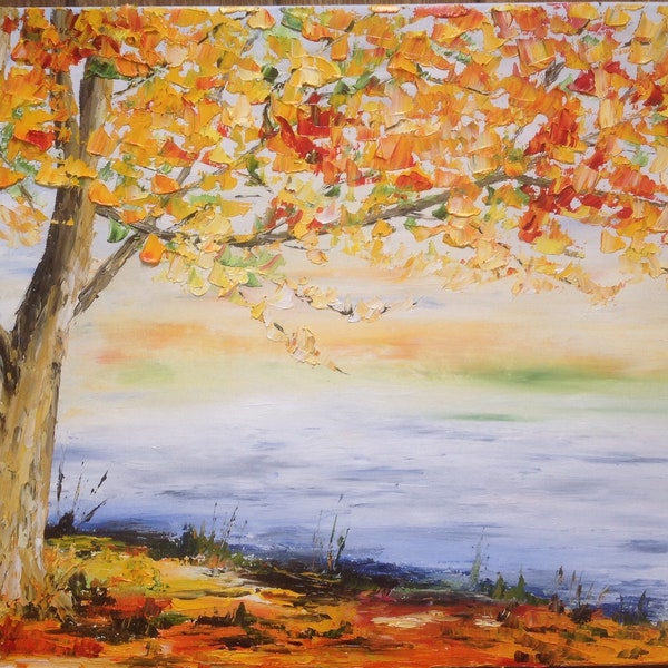 Tableau un arbre en automne peinture à l'huile au couteau   Made in Normandie    Au bord de la rivière