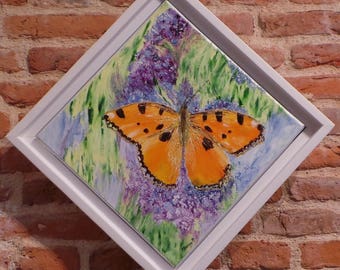 Tableau papillon dans la lavande   Peinture à l'huile au couteau  Paysage de Provence