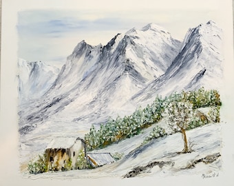 Dans la vallée enneigée paysage de montagne peinture à l'huile au couteau  les Alpes