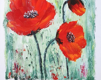 Les trois coquelicots peinture à l’huile au couteau les coquelicots