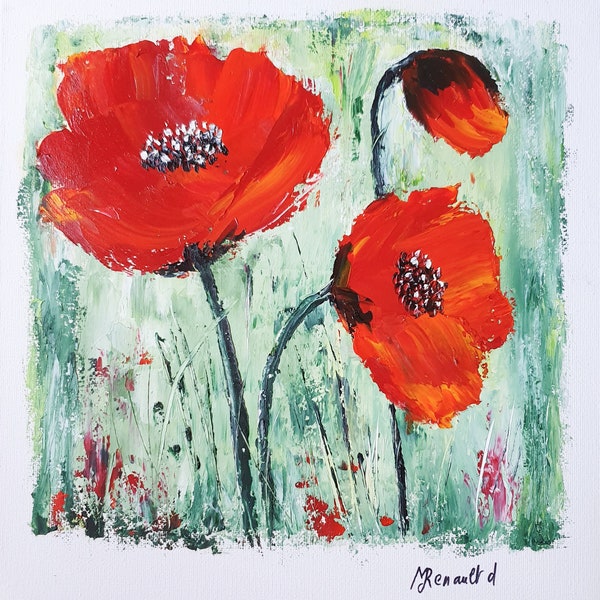 Les trois coquelicots peinture à l’huile au couteau les coquelicots