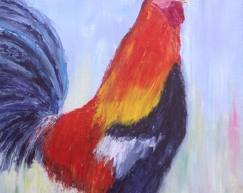 Le coq - tableau peint à l'huile au couteau - tableau peinture le coq figuratif