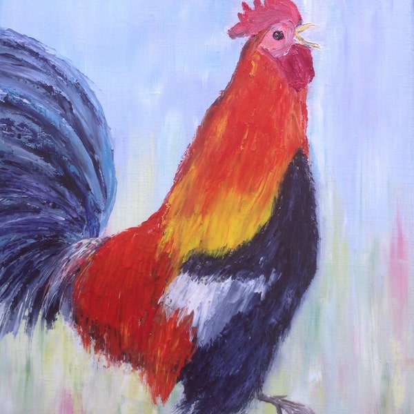 Le coq - tableau peint à l'huile au couteau - tableau peinture le coq figuratif