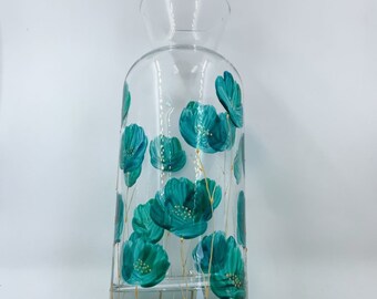 Carafes en verre peintes peintes motif coquelicots bleu et vert carafe  0,5 litre