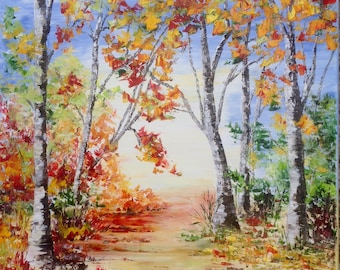 Les  couleurs de l'automne, tableau la forêt de bouleaux en automne