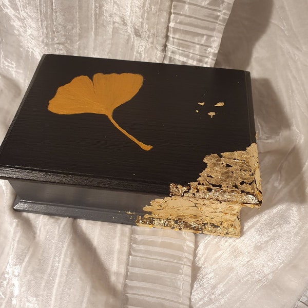 Coffret à bijoux en bois  ancien relooké feuille de gingko french antik