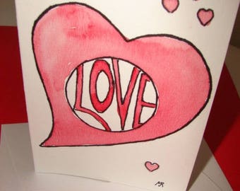 Carte Saint-Valentin cœur   Carte double peinte à la main aquarelle "love" - Valentine's card