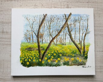 Tableau sous-bois de jonquilles peinture à l’huile au couteau