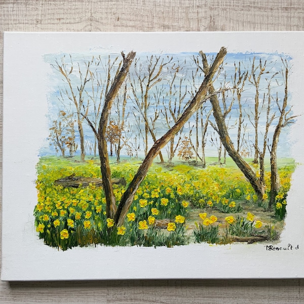 Tableau sous-bois de jonquilles peinture à l’huile au couteau