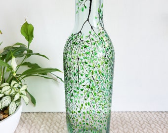 Bouteille ancienne carafe vase en verre peint arbre de vie