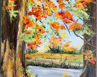 Peinture au bord de la rivière en automne peinture à l'huile au couteau   paysage de Normandie   tableau l'automne