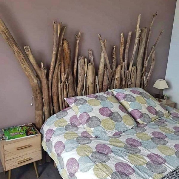 Tête de lit en bois flotté, branches de bois flotté, DIY