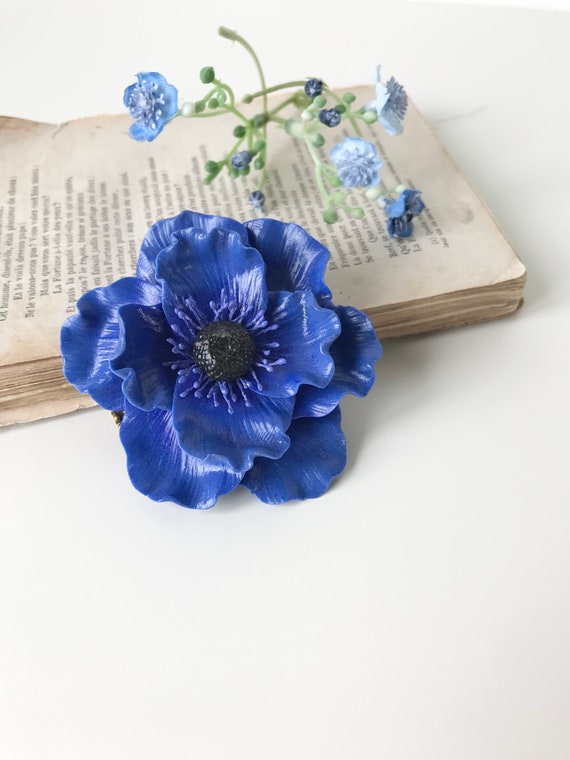 Flower Brooch Blue Flower Fimo Flower Unique Piece Handmade Polymer Clay Flower Made in France Designer Jewelry Fimo Jewelry Brooch Etsy