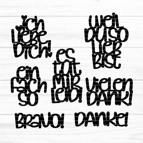 Texts just like that Plotter file SVG DXF FCM, Because you are so sweet, Thank you, I love you, Bravo, Thank you very much, I'm sorry, svg dxf dxf fcm