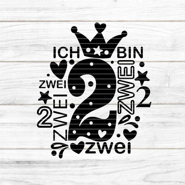 Zahl 2 Plotterdatei SVG DXF FCM, Baby, Krone, zwei, Nummer, 2, Zahl, Geburtstag, Herz, Laser, Druck, Sublimation svg dxf fcm eps png pdf jpg