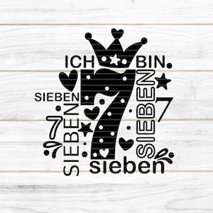 Nummer 7 plotterbestand SVG DXF FCM, kinderen, kroon, nummer, zeven, 7, verjaardag, hart, laser, print, sublimatie svg dxf fcm eps png jpg pdf