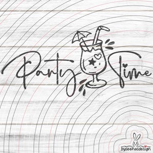 May include: Black and white line art design with the words "Party Time" in a cursive font. A cocktail glass with an umbrella, straw, star, and heart is featured. The background has curved lines.