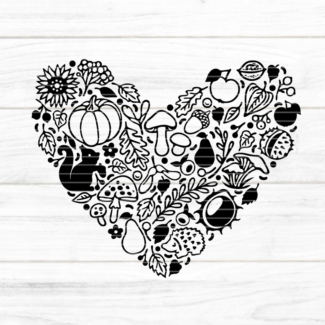 Herbst Herz Plotterdatei SVG DXF FCM, Herz, Eichhörnchen, Pilze