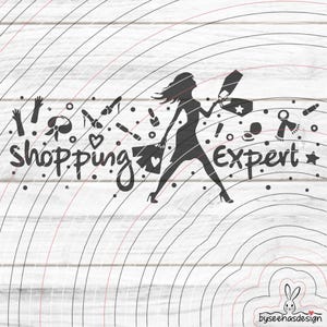 May include: A black and white graphic design featuring a woman running with shopping bags and a gift bag. The words "shopping expert" are written in a stylized font, surrounded by shopping-related icons.