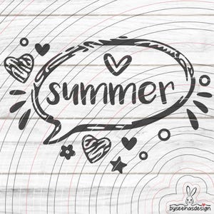 May include: Black and white graphic design with the word "summer" inside a speech bubble shape. The design includes hearts, stars, flowers, and other decorative elements, perfect for summer-themed crafts.