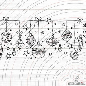May include: A black and white line art illustration featuring a horizontal string of various hanging Christmas ornaments including spheres, teardrops, and stars, with small dots and stars interspersed. The text byseehasdesign is at the bottom.