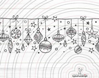 May include: A black and white line art illustration featuring a horizontal string of various hanging Christmas ornaments including spheres, teardrops, and stars, with small dots and stars interspersed. The text byseehasdesign is at the bottom.