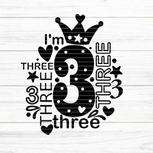I'm three Plotterdatei SVG DXF FCM, 3, Kind, Krone, Zahl, Geburtstag, Geburtstagszahl, Laser, Druck, Sublimation svg dxf fcm eps png pdf jpg