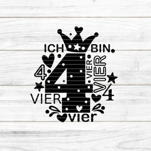 Zahl 4 Plotterdatei SVG DXF FCM, Kinder, Krone, vier, Nummer, 4, Geburtstag, Herz, Laser, Druck, Sublimation, svg dxf fcm eps png pdf jpg