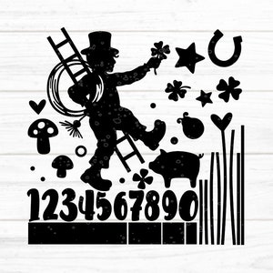 May include: Black and white silhouette illustration of a chimney sweep climbing a ladder, holding a four-leaf clover. The illustration includes a pig, mushrooms, a horseshoe, stars, and the numbers 1234567890.