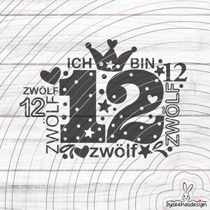 Number Twelve plotter file SVG DXF, children, crown, number, 12, twelve, birthday, heart foil, star, laser print, sublimation, svg, dxf, eps, png, pdf, jpg