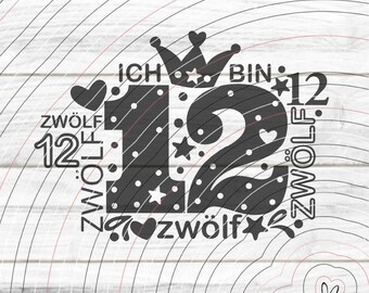 Nummer Twaalf plotterbestand SVG DXF, kinderen, kroon, nummer, 12, twaalf, verjaardag, hartfolie, ster, laserprint, sublimatie, svg, dxf, eps, png, pdf, jpg