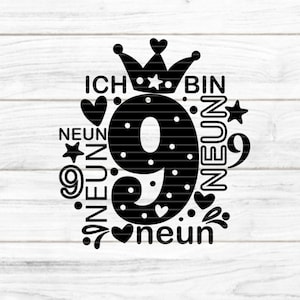Zahl 9 Plotterdatei SVG DXF FCM, Kinder, Krone, Zahl, 9, neun, Geburtstag, Herz, Stern, Laser, Druck, Sublimation, svg dxf fcm eps png pdf