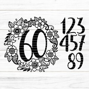花の花輪の番号 0 ～ 9 プロッター ファイル SVG DXF FCM、キット、記念日誕生日箔レーザー印刷昇華 svg dxfF fcm eps png pdf jpg