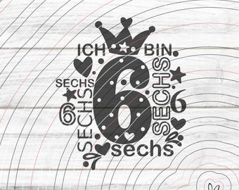 Number 6 plotter file SVG DXF, children, number, six, 6, birthday, heart, star, foil laser print sublimation svg dxf eps png pdf jpg
