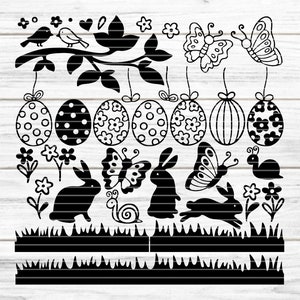 Fichier de traceur d’éléments de Pâques SVG DXF FCM, Pâques, œufs de Pâques papillons lapins de Pâques escargots fleurs branche décoration de Pâques feuille svg dxf fcm png