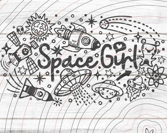Puede incluir: Ilustración en blanco y negro con el texto "Space Girl" rodeado de garabatos temáticos del espacio. Incluye cohetes, planetas, estrellas, un sol y un OVNI, todo sobre un fondo de vetas de madera blanca.