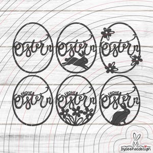 May include: Six black Easter egg designs with the word "Ostern" in a script font. Some eggs feature a bunny or flowers. The phrase "Frohe Ostern" is included on some eggs. The designs are on a white background with curved lines.