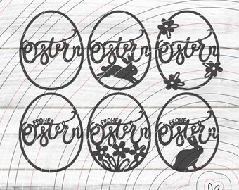 6 fichiers SVG et DXF pour traceur de motifs d'œufs de Pâques : Joyeuses Pâques ! Œufs, sapin de Pâques, lapins de Pâques, décorations de Pâques, papier, feuilles métallisées. Formats : svg, dxf, png, pdf