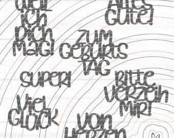 May include: A graphic design featuring various German phrases in a handwritten style, including "Alles Gute," "Zum Geburtstag," and "Viel Glück." The design is set against a white background with concentric black and red lines.