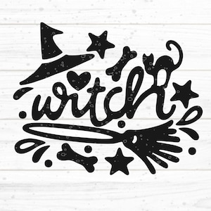 May include: Black and white illustration of a witch with a hat, broom, stars, bones, and a cat. The word "witch" is written in a stylised font.