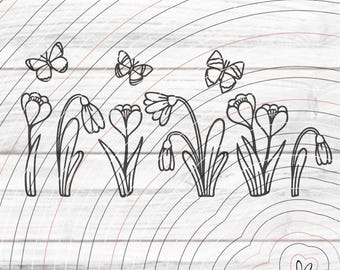 May include: Black and white line art of flowers and butterflies. The image features several stylized flowers with curved stems and detailed petals, along with three butterflies. The design is set against a white background with curved lines.