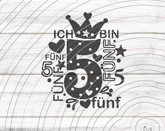 Nummer 5 plotterbestand SVG DXF, kind, kroon, vijf, nummer, 5, verjaardag, hart, ster, folie laserprint sublimatie svg dxf eps png pdf jpg