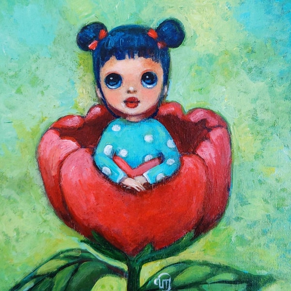 Illustration auf Holz „Chloe“. einzigartiges handgemaltes Werk 13x13 cm. Geschenk, Blume, einzigartige Kreation, Dekoration.