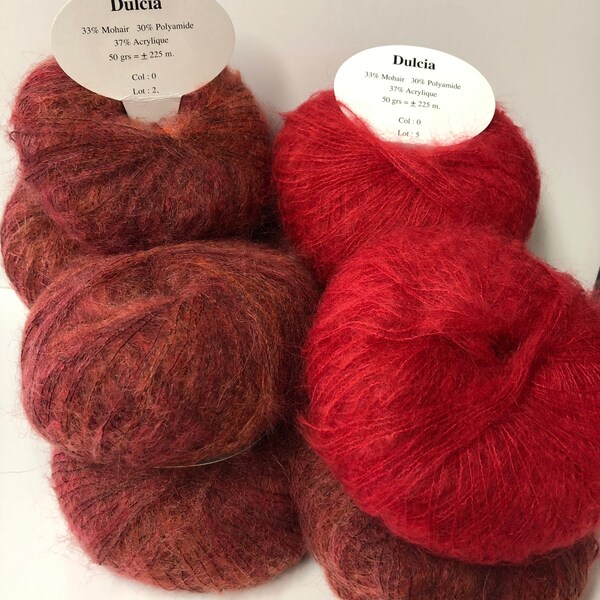 CLEARANCE/ kid mohair/ lot of 10 balls of mixed wool/2 red, 2 burgundy/ made in France