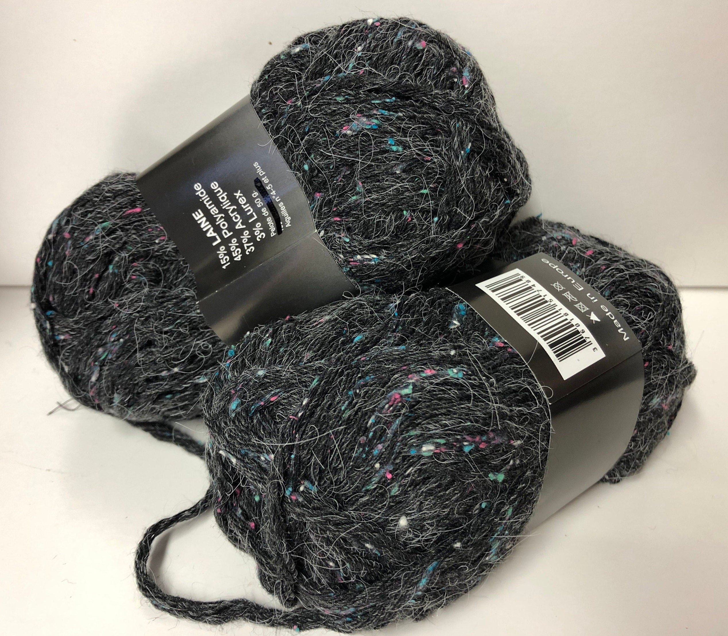 9 Pelotes De Laine Tweed Noir Et Gris - Taille Aiguille 6/7, Fait En France