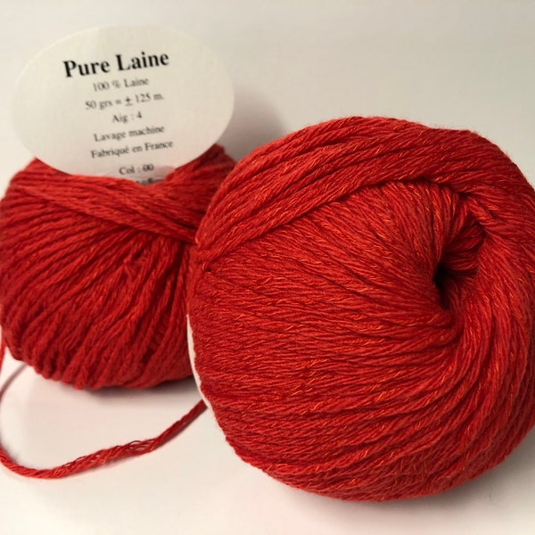 Lot de 7 pelotes de laine rouge intense / 100 % pure laine/ Fabriqué en FRANCE