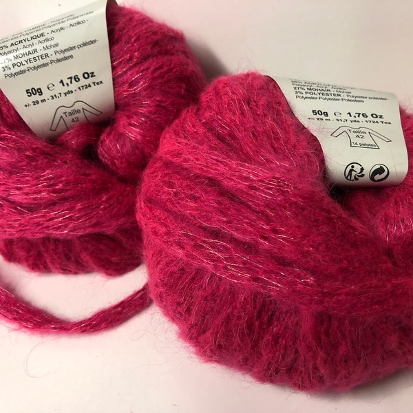 lot de 14 Pelotes de très grosse laine démarquées mohair rose fuchsia / fabriqué en Italie