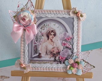 Carte Mariage "pièce rare"  plastifiée pour un Joli effet Photo,  2xcartes en une avec l'intérieur décoré, Modèle Unique.