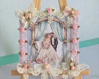 Pièce  RARE Carte "  G/Luxe"  Mariage  2cartes en une(intérieur décoré effets carte)  modèle unique  esprit shabby,