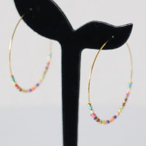 Stainless steel hoop earrings with multi-colored seed beads - Handmade